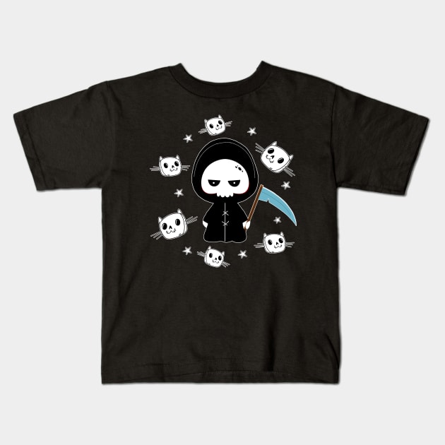 Spooky Grim Reaper with Cats Pattern Halloween Kids T-Shirt by Lab Printopia